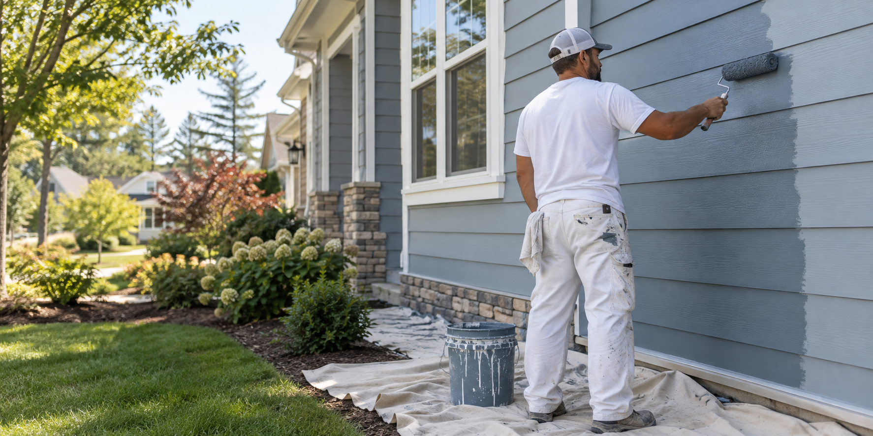 Painter actively rolling paint onto exterior house siding