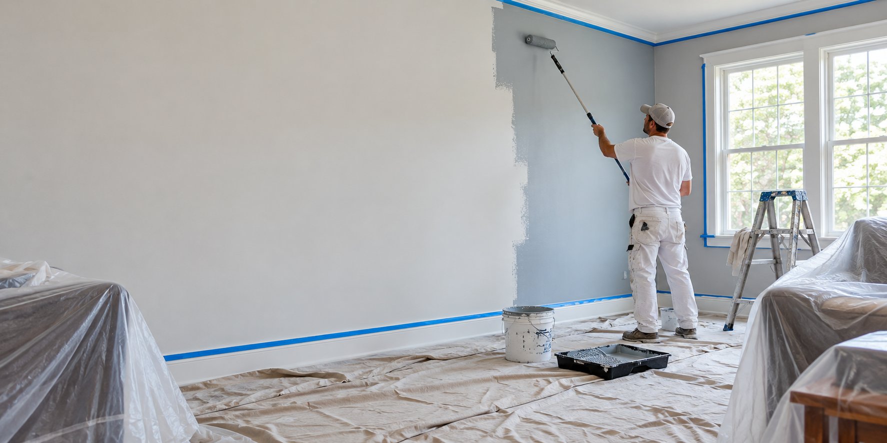 Painter rolling an interior wall with protected floors and furniture